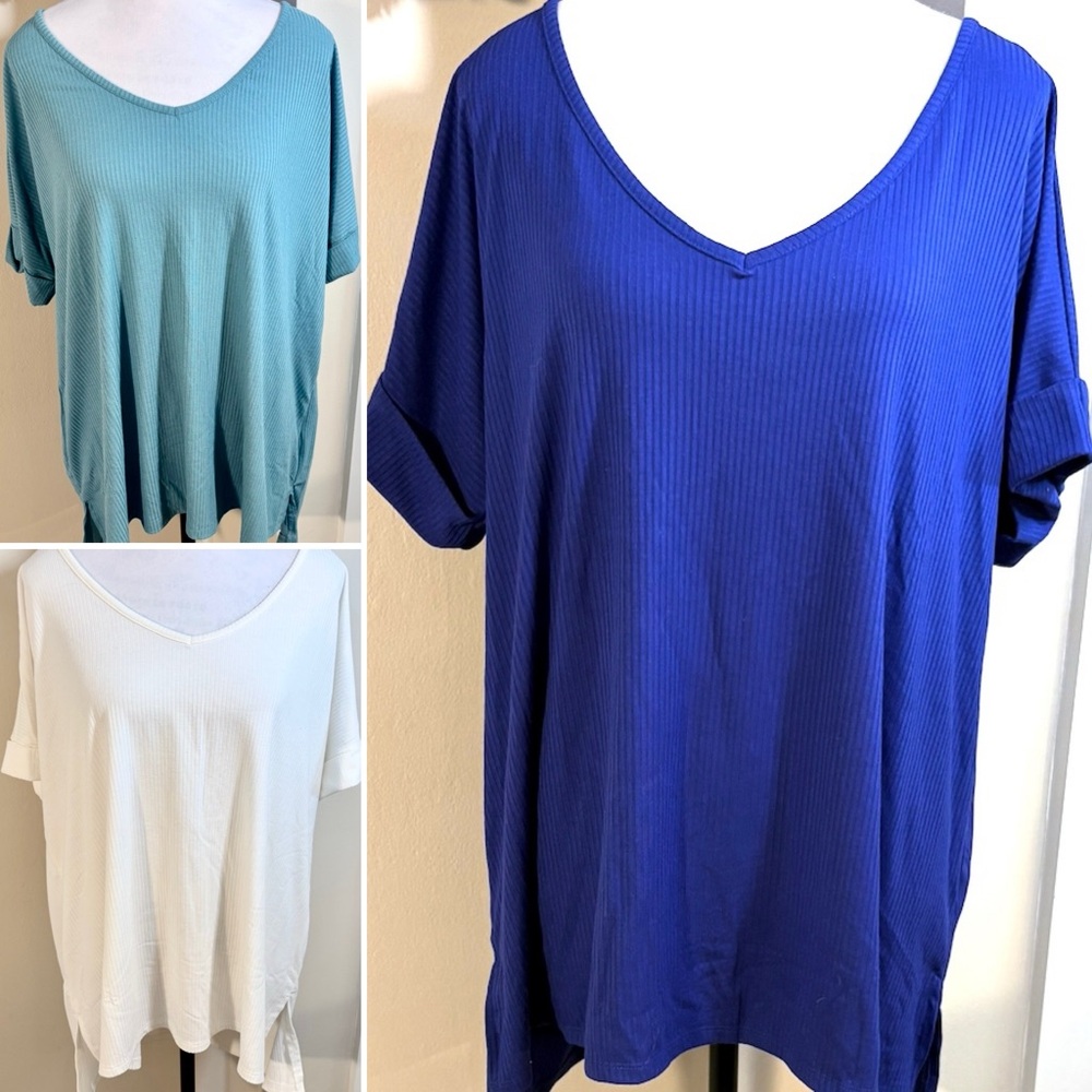 ZENANA Lot of 3 V-Neck Rolled Short Sleeve Ribbed Tops NWT Sz 1X💚
